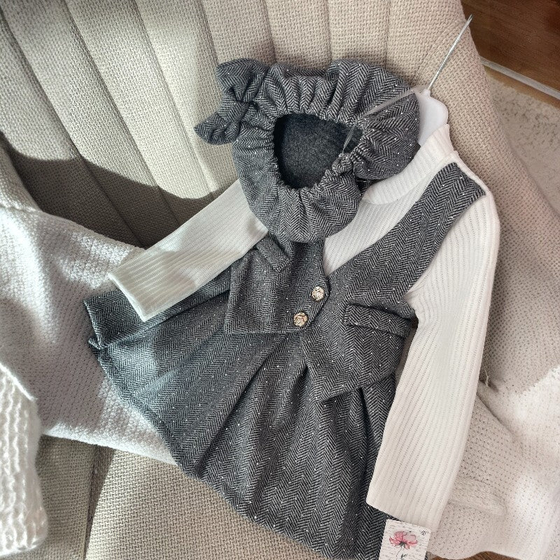 Очарователна детска рокличка с шапка - сива