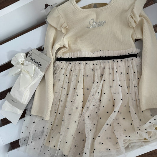 Детска нежна рокля в светло бежово с тюл