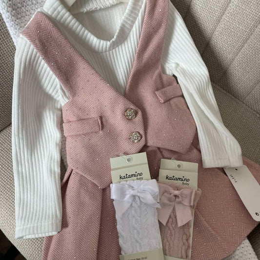 Очарователна детска рокличка с шапка - розова